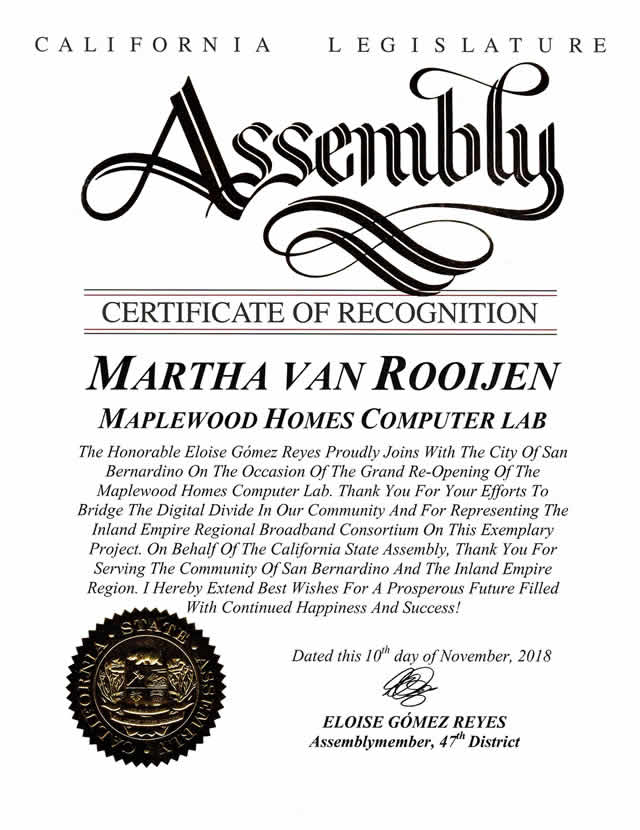 CA Assembly Certificate of Recognition, 2018