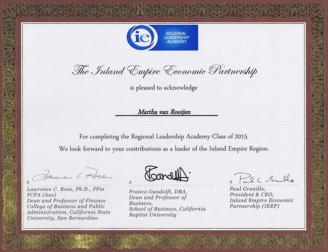 Inland Empire Economic Partnership<br/>Regional Leadership Academy Certificate