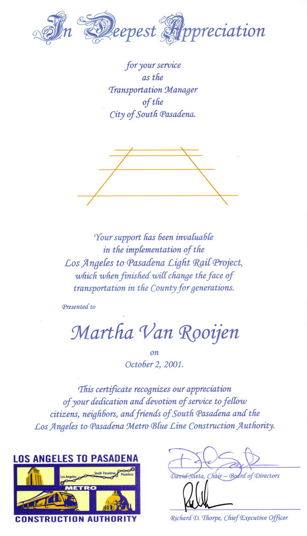 Certificate of Appreciation<br/>Gold Line Light Rail Construction Authority